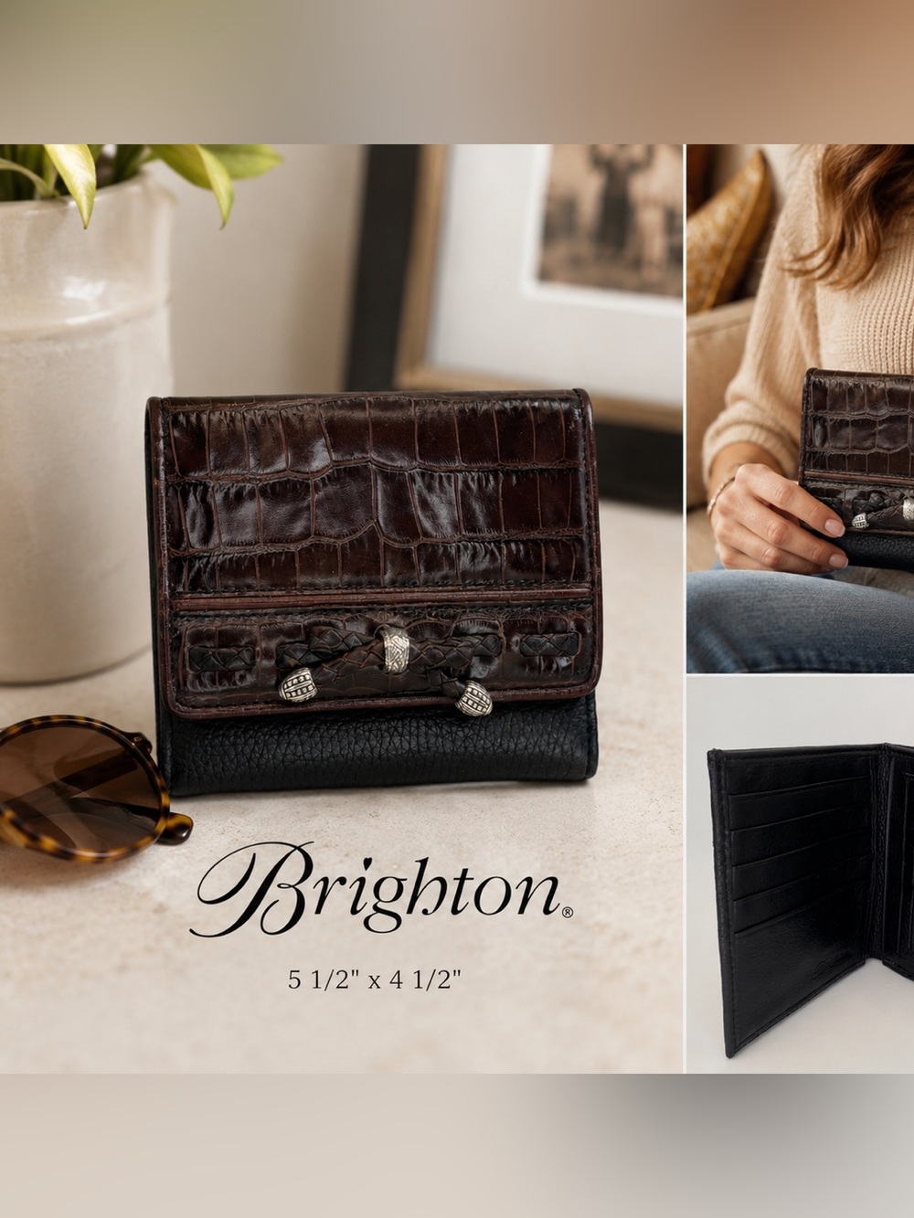 Brighton Brown Croc-Embossed and Black Bifold Wallet